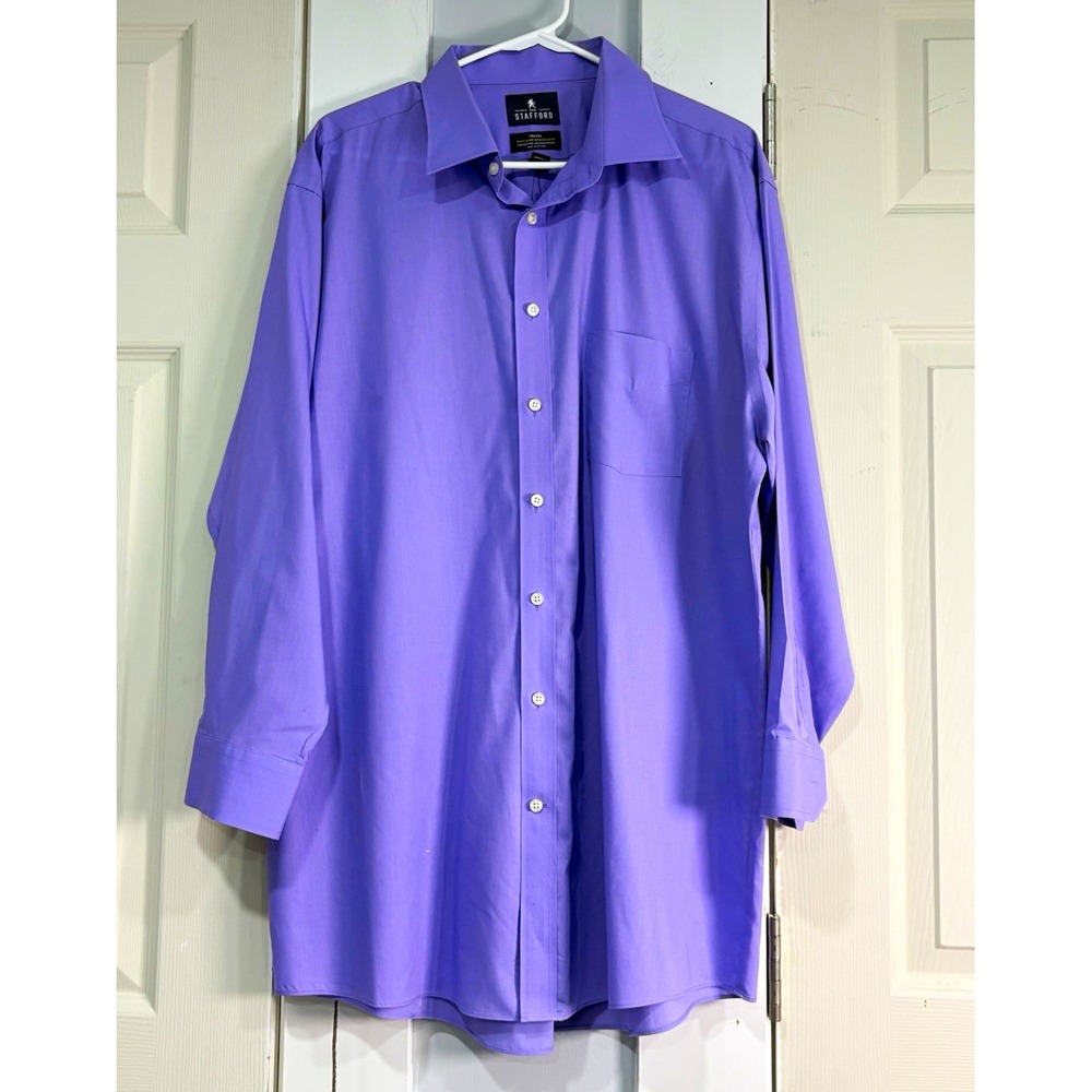 Stafford Travel Easy Care Men's XL 17-17.5 32-33 Purple Broadcloth Dress Shirt